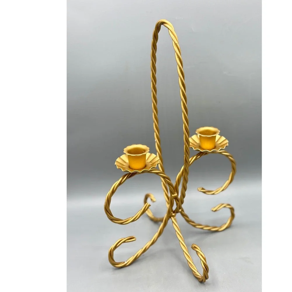 Vtg Gold Twisted Metal Rope Candelabra Set 2 Hollywood Regency Candle Holders